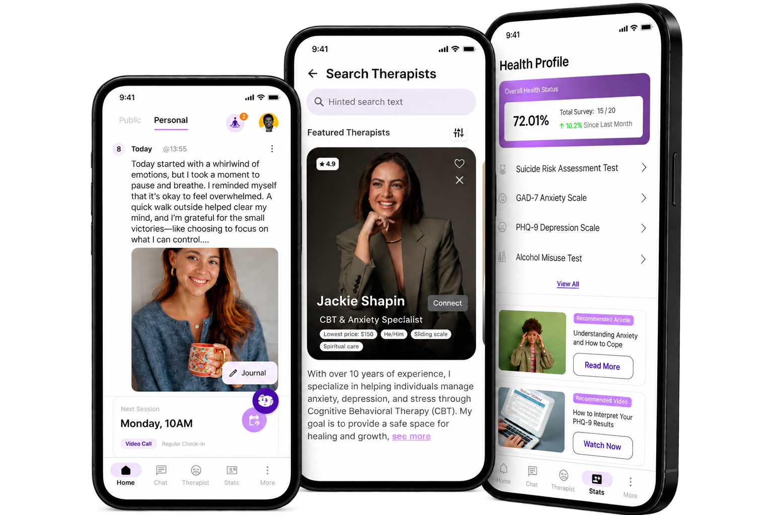 Mhapy mobile app interface for client journaling and progress tracking