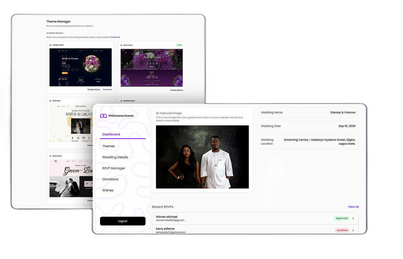 Philomena RSVP and guest management interface